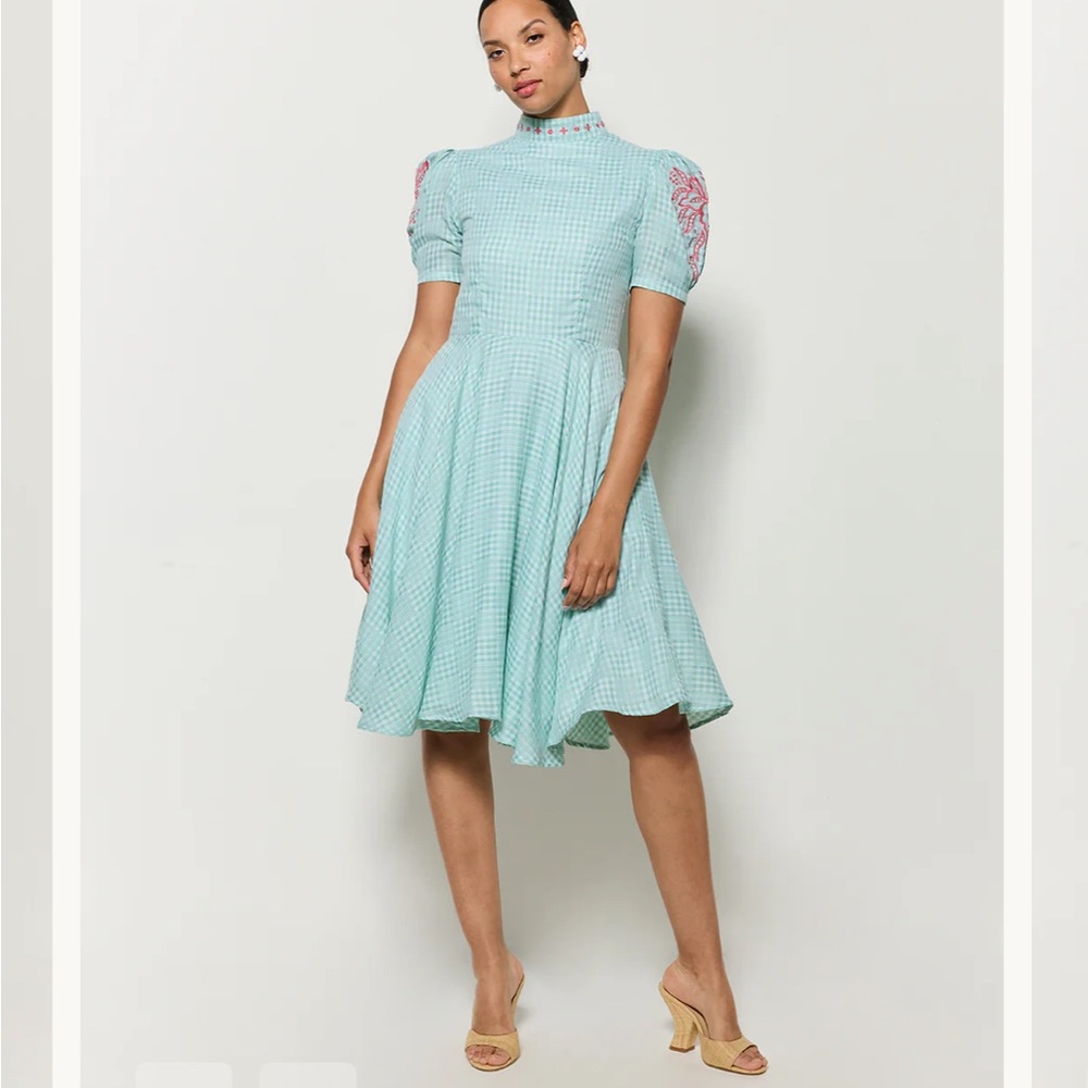 Fanm Mon Lipno Dress Midi Mini Floral Embroidered Green Checker Plaid Small NWT - Picture 5 of 16